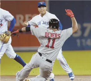  ?? AP PHOTO ?? GOTCHA: Rafael Devers is out at second base during last night’s game against the Blue Jays in Toronto.