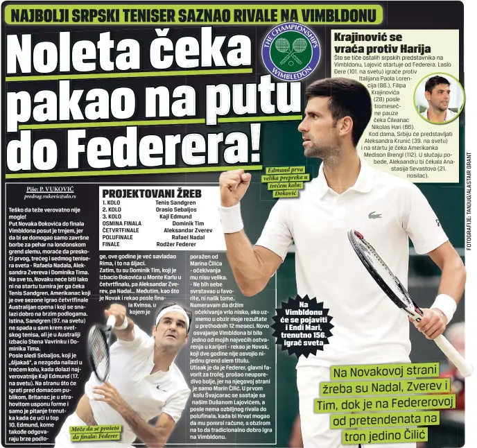  ??  ?? Može da se prošeta do finala: Federer
Edmund prva velika prepreka u trećem kolu:
Đoković