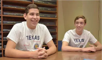  ?? Ulysses S. Romero / Laredo Morning Times ?? Ted Garcia and Creston Jackson speak about their experience­s at Texas Boys State at the Laredo Morning Times. Boys State has voted for Texas to secede from the United States.