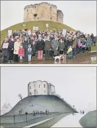  ??  ?? From top, the visitor’s centre planned by English Heritage; protesters against the plans holding a demonstrat­ion last year; LS Lowry’s depiction of the tower.