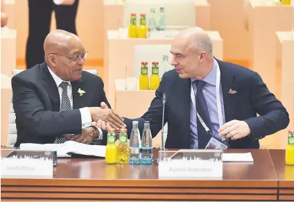  ?? Picture: GCIS ?? HANDSHAKE. President Jacob Zuma and Russian Finance Minister Anton Siluavo yesterday at the final session of G20 summit Hamburg,Germany.