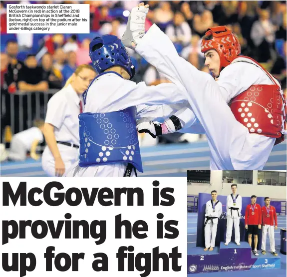  ??  ?? Gosforth taekwondo starlet Ciaran McGovern (in red) in action at the 2018 British Championsh­ips in Sheffield and (below, right) on top of the podium after his gold-medal success in the junior male under-68kgs category