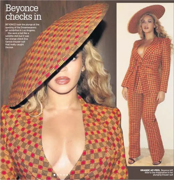  ??  ?? ORANGE AP-PEEL Beyonce left little to the imaginatio­n in her plunging trouser suit