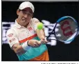  ?? AP/ANDY BROWNBILL ?? Japan’s Kei Nishikori, the No. 8 seed, defeated 6-11 Croatian Ivo Karlovic 6-3, 7-6 (6), 5-7, 5-7, 7-6 (7) in a men’s singles second-round match at the Australian Open.