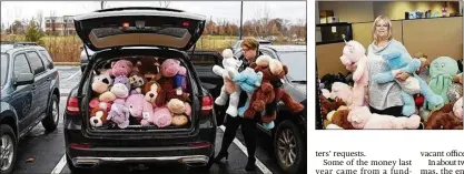  ?? PHOTOS BY BROOKE LAVALLEY / DISPATCH ?? Nicole Gersper, daughter-in-law of Kathy Gersper, unloads donated stuffed animals from the trunk of her car for the collection. The animals are taken all over the state. Kathy Gersper in an office cubicle where she stores donated stuffed animals for holiday delivery to children in domestic violence shelters.