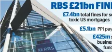  ??  ?? RBS £21bn FINES £400msmall businesses compensati­on £7.4bn total fines for selling toxic US mortgages £390m rigging Libor rates £5.1bn PPI payouts £425msmall business fund £56m internet banking meltdown