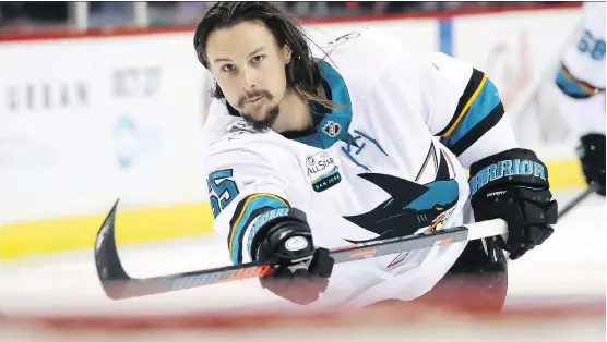  ?? BRUCE BENNETT/GETTY IMAGES ?? Sharks defenceman Erik Karlsson had no goals and eight assists heading into Thursday’s game against the Maple Leafs, reflecting his new role in San Jose.