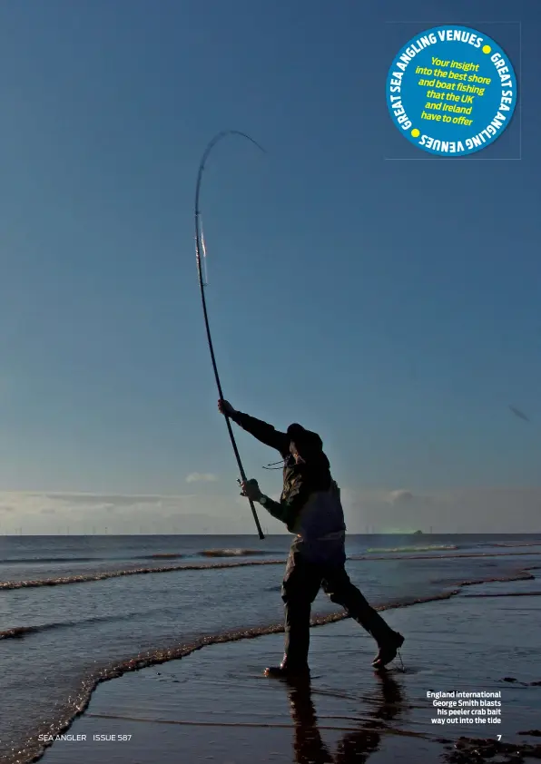  ??  ?? England internatio­nal George Smith blasts his peeler crab bait way out into the tide