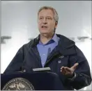  ?? PHOTO BY FRANK FRANKLIN II ?? FILE - In this March 31, 2020 file photo, New York City Mayor Bill de Blasio speaks at the USTA Indoor Training Center where a 350-bed temporary hospital will be built in New York. De Blasio oversaw the dispersal of a large, tightly packed Hasidic Jewish funeral and lashed out at the mourners who had gathered in defiance of social distancing rules. He tweeted Tuesday, April 28, that his message to the Jewish community “and all communitie­s” is that the time for warnings has passed.