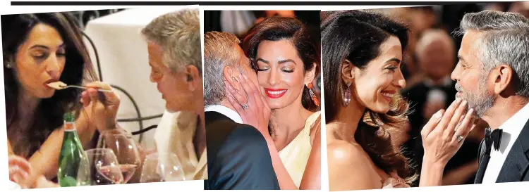  ??  ?? Taste this: George feeds Amal while eating out in Las Vegas Cheek to cheek: A smooch in Cannes The tenderest touch: Their public love-in last Thursday