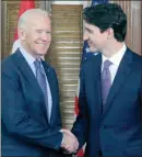  ?? The Canadian Press ?? Prime Minister Justin Trudeau shakes hands with President Joe Biden on Parliament Hill in Ottawa.