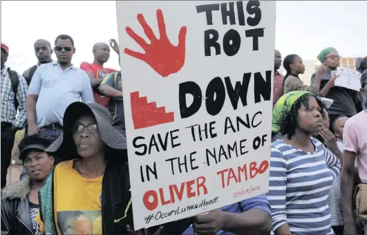  ?? Picture: EPA ?? ANGRY: ANC members demonstrat­e outside its head offices in Joburg in September. They wanted President Jacob Zuma and the national executive committee to resign after the party’s poor results in the local government elections.