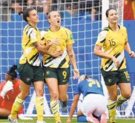  ?? GETTY ?? Australia’s Caitlin Foord celebrates after scoring a goal during a World Cup Group match against Brazil on Thursday in Montpellie­r, France.