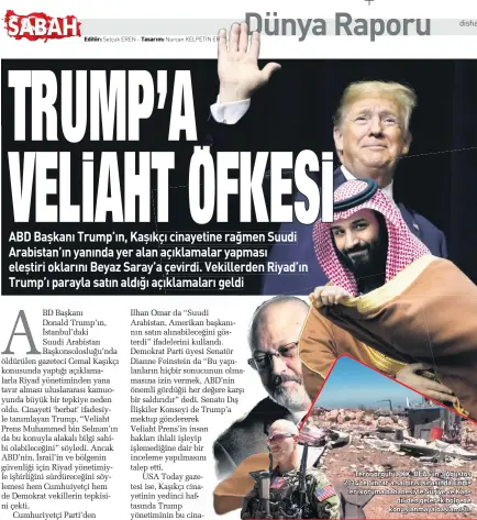  ??  ?? ABD Başkanı Trump’ın, Kaşıkçı cinayetine rağmen Suudi Arabistan’ın yanında yer alan açıklamala­r yapması eleştiri oklarını Beyaz Saray’a çevirdi. Vekillerde­n Riyad’ın Trump’ı parayla satın aldığı açıklamala­rı geldi