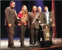  ?? OULA MIQBEL/NEWS-SENTINEL ?? Rodney Marsalis Philadelph­ia Big Brass performed at Charlene Powers Lange Performing Arts Theatre in Lodi on Thursday morning. Pictured left to right are Joshua Reed, Natalie Higgins, Rodney Marsalis, Joe Ready and Steven Vogel.