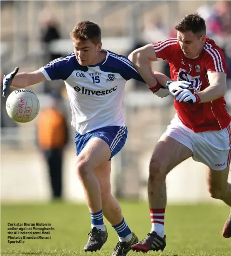  ??  ?? Cork star Kieran Histon in action against Monaghan in the All Ireland semi-final Photo by Brendan Moran / Sportsfile