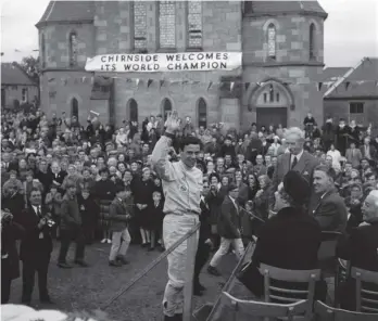  ??  ?? 2 Jim Clark in his F1 Lotus 25 Climax V8 during a pit stop at the British Grand Prix at Silverston­e, July 1963. 0 Clark drove through the Borders on an open-topped bustomeett­he crowds, including in his home village of Chirnside. 3 At the wheel of his family farm’s van.