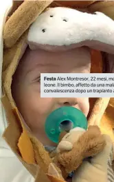  ??  ?? Festa Alex Montresor, 22 mesi, mascherato da leone. Il bimbo, affetto da una malattia genetica, è in convalesce­nza dopo un trapianto al Bambino Gesù