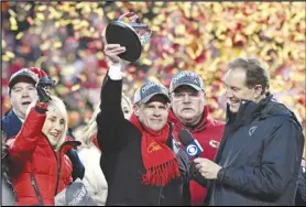  ?? Associated Press ?? Norma Hunt (left) and her son Clark Hunt (center), owners of the Kansas City Chiefs, and Chiefs head coach Andy Reid (second right) celebrate after the AFC Championsh­ip game against the Tennessee Titans on Jan. 19, 2020, in Kansas City, Mo. Norma Hunt died this past summer at the age of 85.