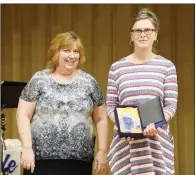  ??  ?? Jacksonvil­le High School math teacher Deborah Edwards, right, is the Jacksonvil­le Historical District Teacher of the Year. Also pictured is Lida Feller.