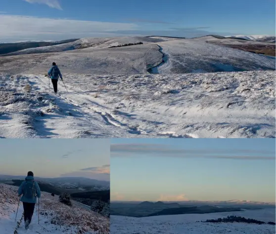  ??  ?? [Captions clockwise from top] Descending west from Broomy Law; Eildon Hills and Cheviots from Brown Knowe, Southern Upland Way; Fauldshope Hill from Minchmoor Road