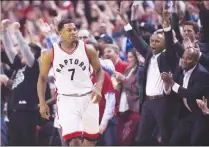  ?? Canadian Press photo ?? The crowd reacts after Toronto Raptors guard Kyle Lowry (7) makes a basket in the last seconds of second half NBA playoff basketball action against the Milwaukee Bucks in Toronto on April 18. Kyle Lowry is resigning with the Toronto Raptors.