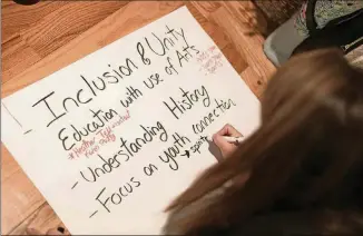  ?? JASON GETZ PHOTOS / SPECIAL ?? Jannine Deraney writes down her small group’s thoughts about inclusion and unity during the Healing the Racial Divide meeting at her Decatur home in late October. The meeting broke into small groups, and each group discussed a solution to their view...