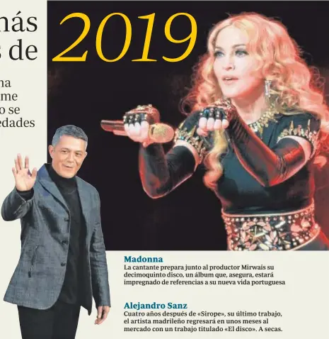  ??  ?? Madonna La cantante prepara junto al productor Mirwais su decimoquin­to disco, un álbum que, asegura, estará impregnado de referencia­s a su nueva vida portuguesa Alejandro Sanz Cuatro años después de «Sirope», su último trabajo, el artista madrileño regresará en unos meses al mercado con un trabajo titulado «El disco». A secas.