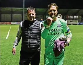  ?? Picture: Alex Barnham ?? Bristol Manor Farm manager Lee Lashenko celebrates with goalkeeper Ben John after the play-off semi-final win at Frome