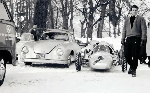  ??  ?? Above: With Porsche Salzburg’s VW Kombi in the foreground, Porsche 356/2040 parked next to Otto Mathé’s racing single-seater at Zell-am-see. Mathé was not greatly worried about the Porsche’s appearance