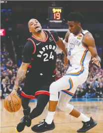  ?? ALONZO ADAMS/USA TODAY SPORTS ?? Shooting guard Norman Powell, seen driving on OKC Thunder counterpar­t Hamidou Diallo on Wednesday night, is one of several key players who have returned from injury for the Raptors.