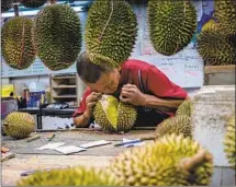  ??  ?? AT HIS roadside stall, Teoh Nai Aun cracks open one of the smelly fruits during the Durian Festival in Georgetown, Penang.