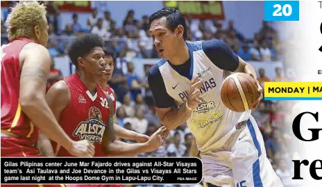  ??  ?? Gilas Pilipinas center June Mar Fajardo drives against All-Star Visayas team’s Asi Taulava and Joe Devance in the Gilas vs Visayas All Stars game last night at the Hoops Dome Gym in Lapu-Lapu City.