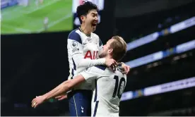  ??  ?? Harry Kane and Son Heung-min celebrate after Kane scored Tottenham’s second goal, set up by Son, in their 2-0 victory over Arsenal. Photograph: Tottenham Hotspur FC/Getty