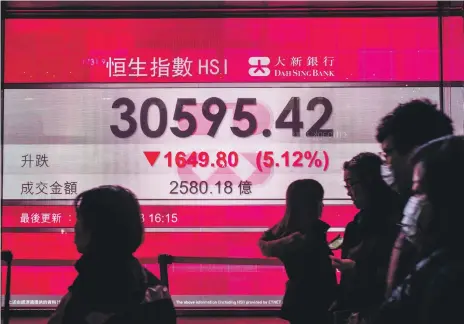  ?? AFP ?? A display board shows the Hang Seng Index in Hong Kong down 5.12 per cent, after the close of trading in Hong Kong yesterday with investors concerned over he prospect of rising US interest rates