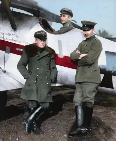  ??  ?? ■ Leutnant Hans Klein of Jasta 10 in front of his Pfalz D.III fighter at Marcke in November 1917. In the cockpit is Leutnant Kurt Schwarzenb­erger, chief test pilot for the experiment­al fighter division of Idflieg. The older officer on the right, probably Idflieg staff, has not been identified. (Colour by Johnny Sirlande)