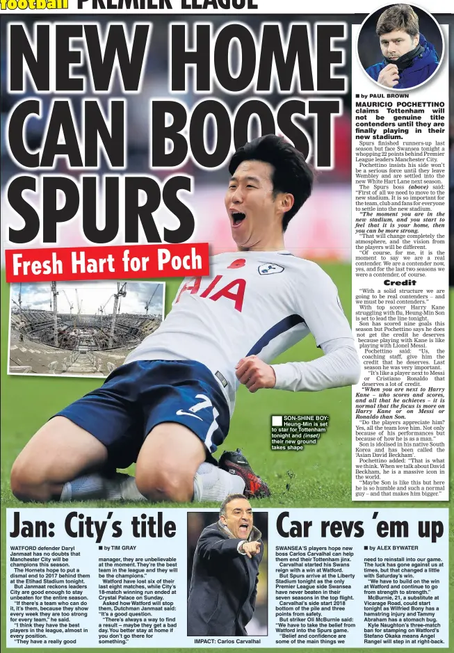  ??  ?? SON-SHINE BOY: Heung-Min is set to star for Tottenham tonight and (inset) their new ground takes shape