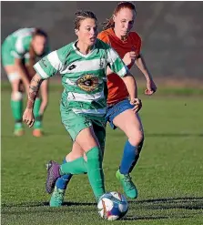  ?? PHOTO: MURRAY WILSON/FAIRFAX NZ ?? Mikaela Boxall, centre, found the back of the net in Palmerston North Marist’s win over Wellington United on Saturday.