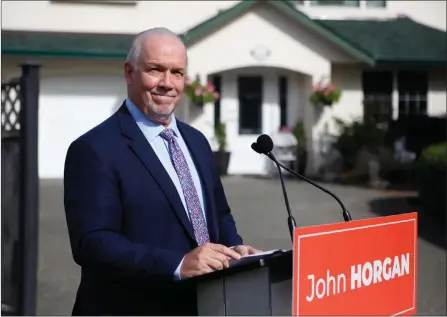  ?? The Canadian Press ?? Premier John Horgan announces a fall election as he speaks during a press conference in Langford, B.C., on Monday.