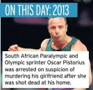  ??  ?? South African Paralympic and Olympic sprinter Oscar Pistorius was arrested on suspicion of murdering his girlfriend after she was shot dead at his home.