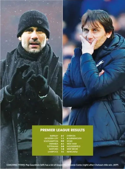  ??  ?? COACHING TITANS: Pep Gaurdiola (left) has a lot of respect for Antonio Conte (right) after Chelsea’s title win. (AFP)