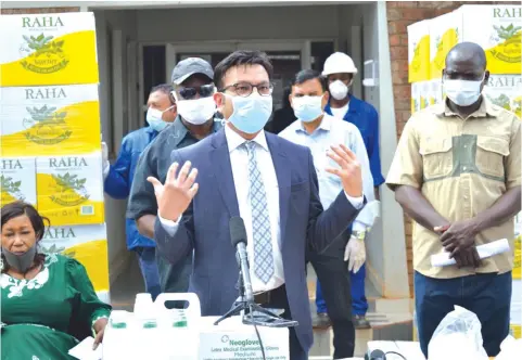  ??  ?? Cangrow Trading managing director, Ankit Jain, speaks during the handover of goods to fight Covid-19 worth RTGS$ 1 million to Norton on Saturday.