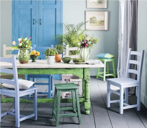  ??  ?? This bright and sunny dining room uses colours from the Annie Sloan palette to bring the beauty of spring indoors.