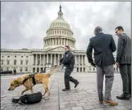  ?? AP/J. SCOTT APPLEWHITE ?? A police officer and dog do a routine security check Monday at the nation’s Capitol as the partial government shutdown stretches into a third week with President Donald Trump standing firm on his border wall funding demands.