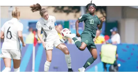  ?? Photo: AFP ?? Nigeria’s Adebisi Saheed (R) vies for the ball with Germany’s Jana Feldkamp during the Women’s U20 World Cup Group D match at the Marville stadium in Saint-Malo, northweste­rn France, yesterday