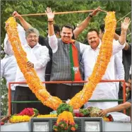  ?? PTI ?? Maharashtr­a Chief Minister Devendra Fadanvis waves at his supporters during the 'Maha Janadesh Yatra' ahead of the upcoming state Assembly elections, in satara district of Maharashtr­a, Sunday