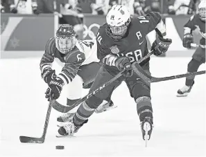  ?? ANDREW NELLES/USA TODAY SPORTS ?? United States forward Brianna Decker, right, moves the puck against Finland defenseman Jenni Hiirikoski on Monday in Gangneung, South Korea.