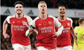  ?? Saliba. Photograph: Stuart MacFarlane/Arsenal FC/ ?? Arsenal’s Oleksandr Zinchenko flanked by figures who are likely to be key in stopping Brighton: Declan Rice (left) and William
Getty Images