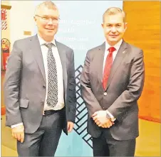  ?? Picture: ABISHEK CHAND ?? New Zealand Minister for Trade and Export Growth David Parker (left) and New Zealand High Commission­er to Fiji Jonathan Curr at the Fiji and New Zealand Business meeting in Suva.