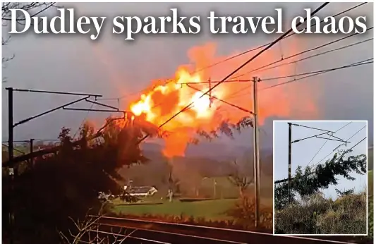  ?? ?? Heat is on: Eight trees fell onto power lines near Beattock, Dumfriessh­ire, and burst into flames yesterday, disrupting the West Coast main line after Storm Dudley passed through, as the country prepares for the second named storm this week